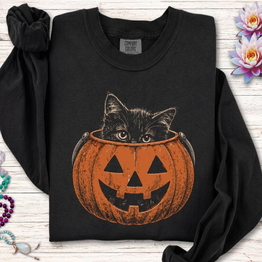 Trick-or-Treat Kitten Long Sleeve Tee Black