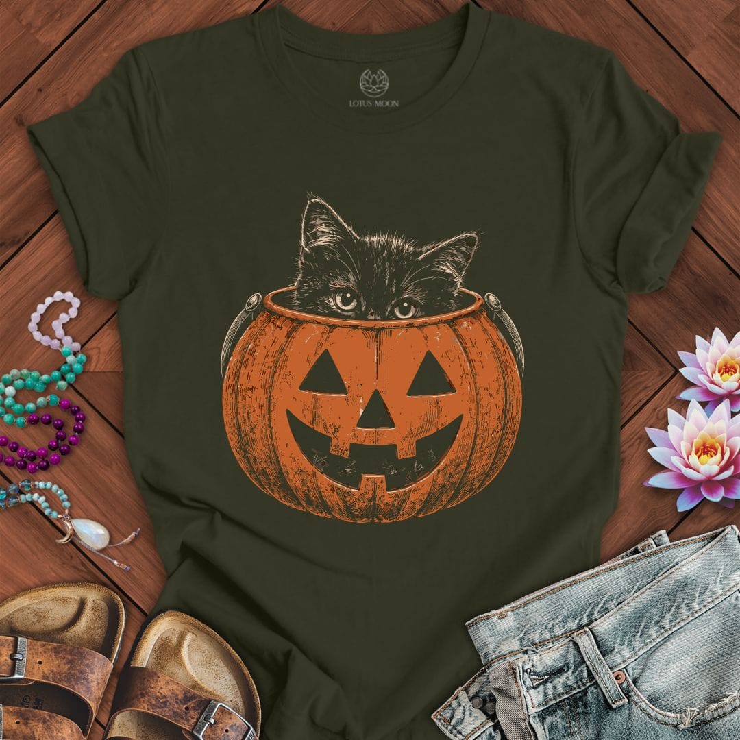 Trick-or-Treat Kitten Tee Dark Olive