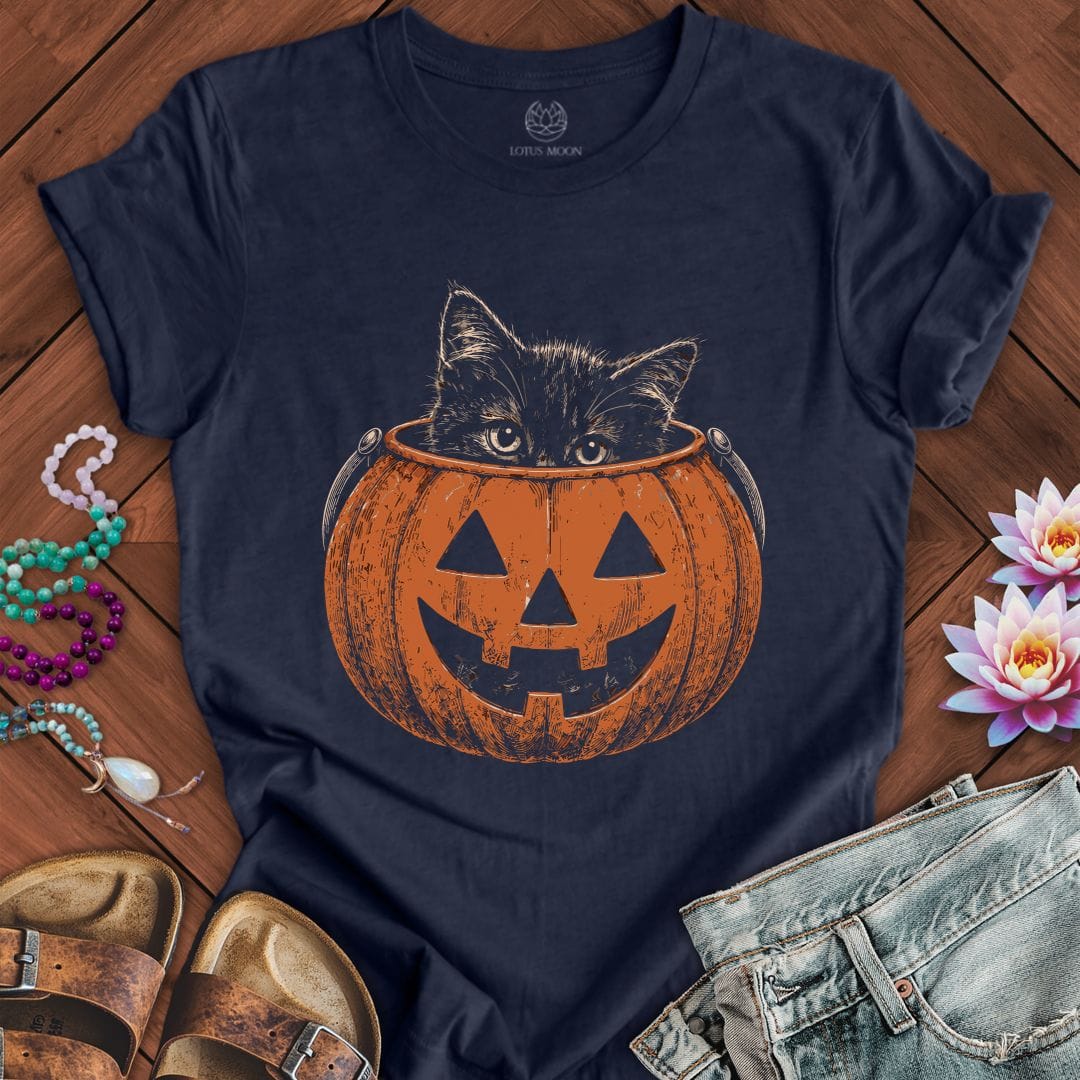 Trick-or-Treat Kitten Tee Heather Midnight Navy