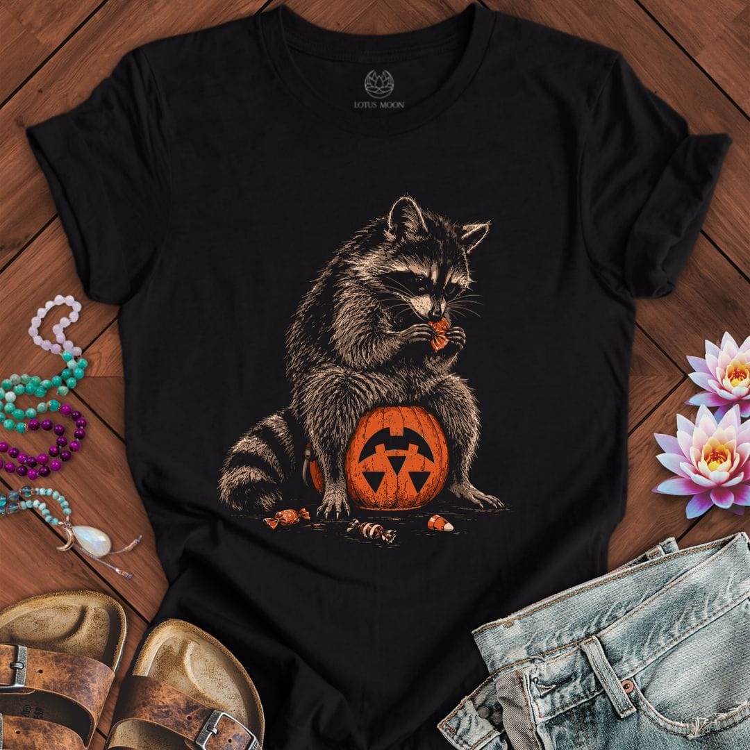 Trick-or-Treat Raccoon Tee Black