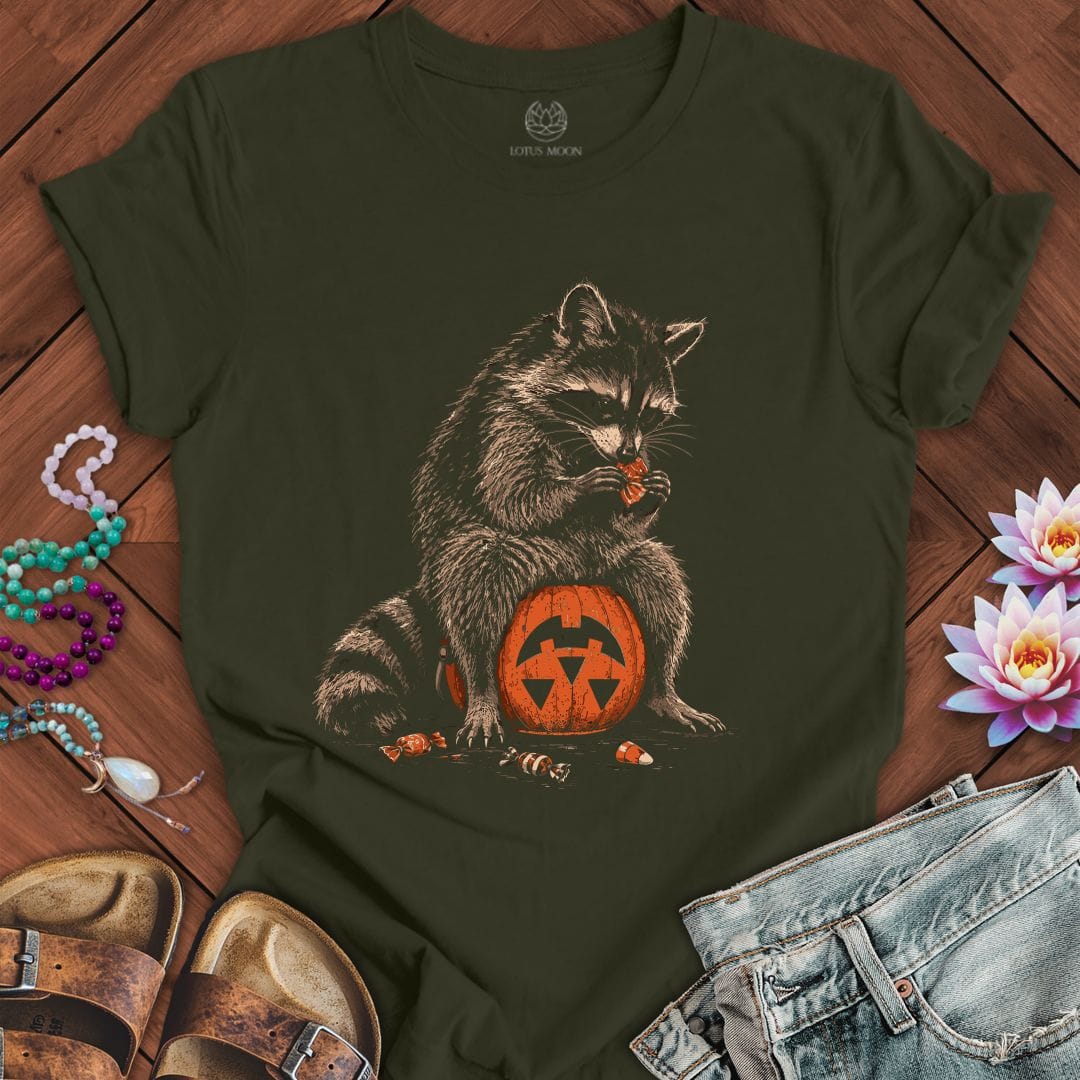 Trick-or-Treat Raccoon Tee Dark Olive