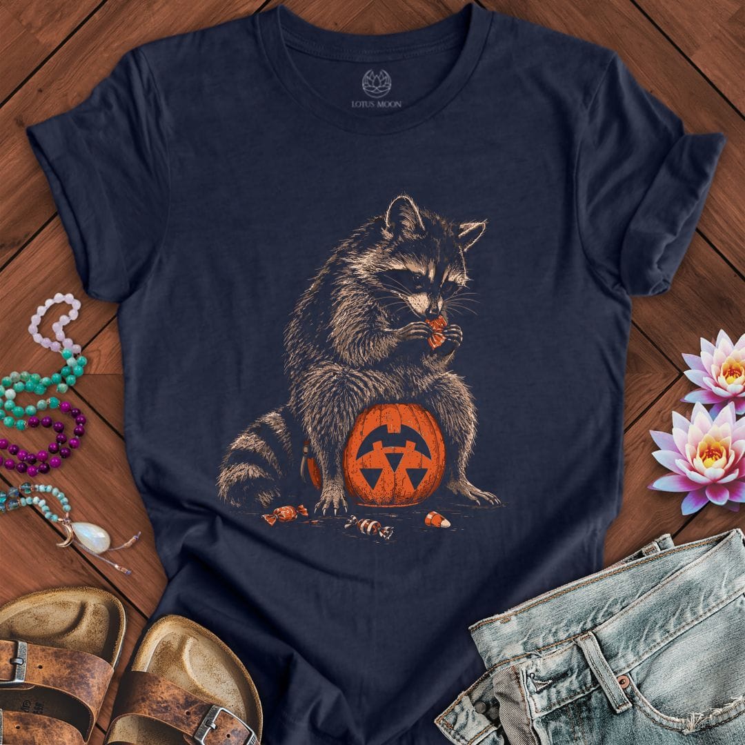 Trick-or-Treat Raccoon Tee Heather Midnight Navy