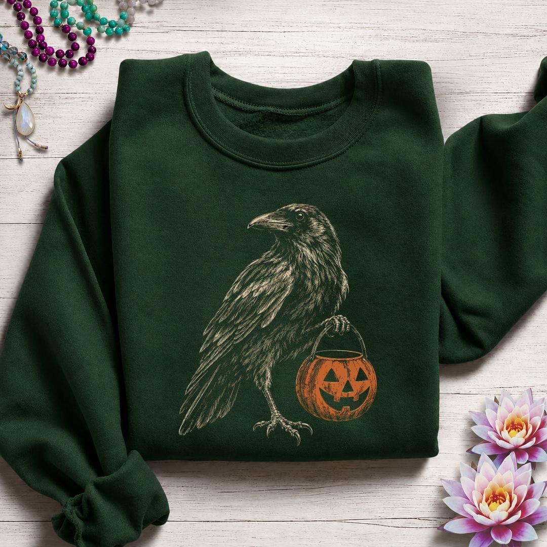 Trick-or-Treat Raven Sweatshirt Forest Green