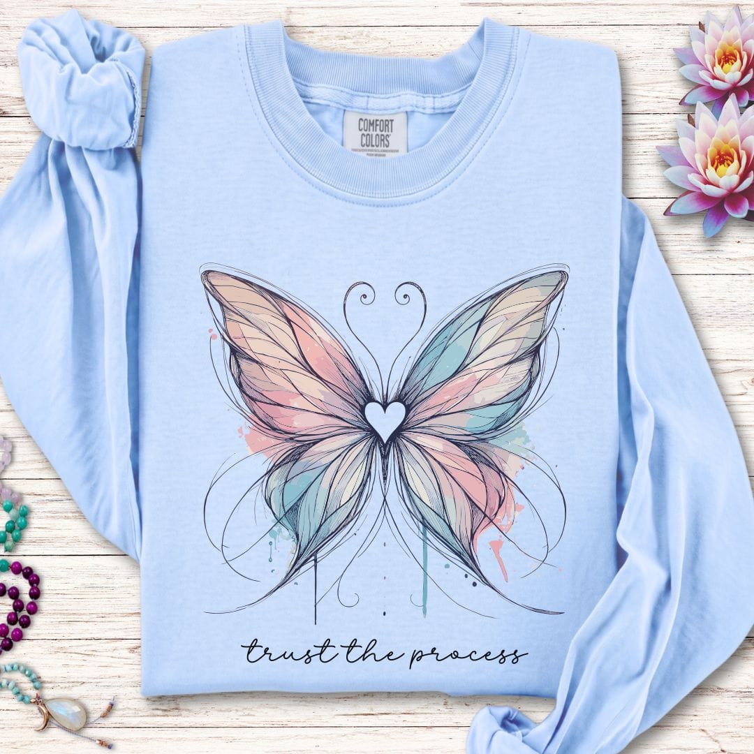 Printify Long-sleeve Trust The Process Butterfly Long Sleeve Tee Chambray / S