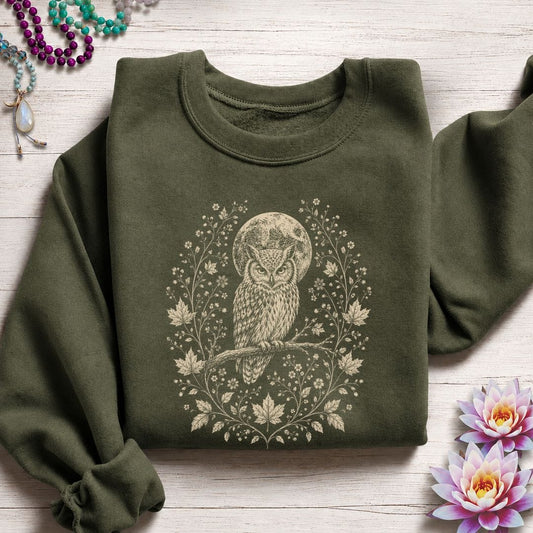 Printify Sweatshirt Victorian Owl Sweatshirt Military Green / S