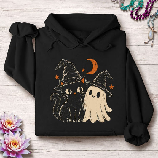 Vintage Cat And Ghost Hoodie Black