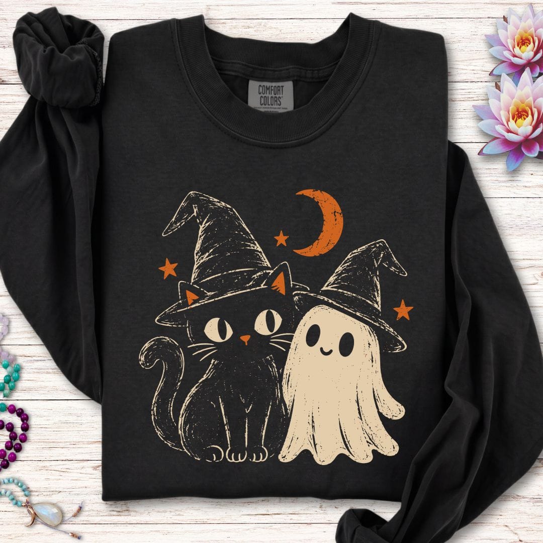 Vintage Cat And Ghost Long Sleeve Tee Black