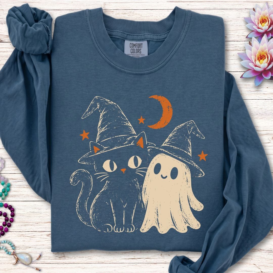 Vintage Cat And Ghost Long Sleeve Tee Midnight