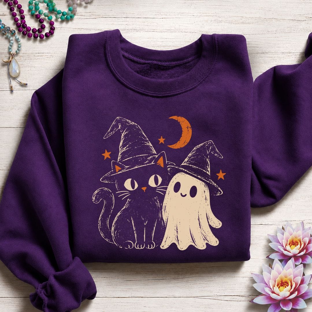 Vintage Cat And Ghost Sweatshirt Purple