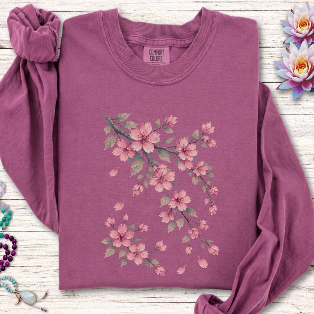 Printify Long-sleeve Vintage Cherry Blossoms Long Sleeve Tee Berry / S