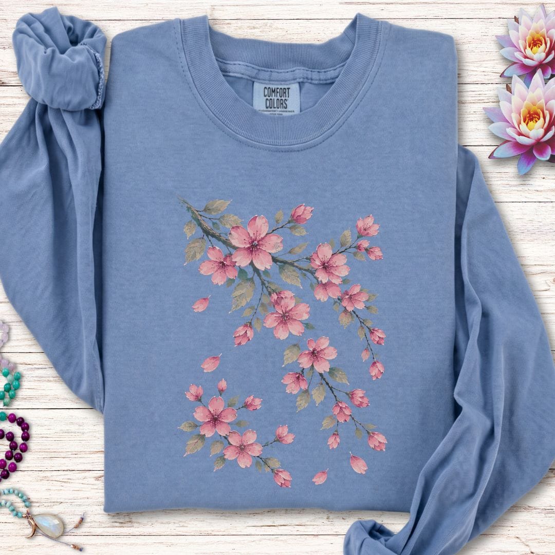 Printify Long-sleeve Vintage Cherry Blossoms Long Sleeve Tee Blue Jean / S