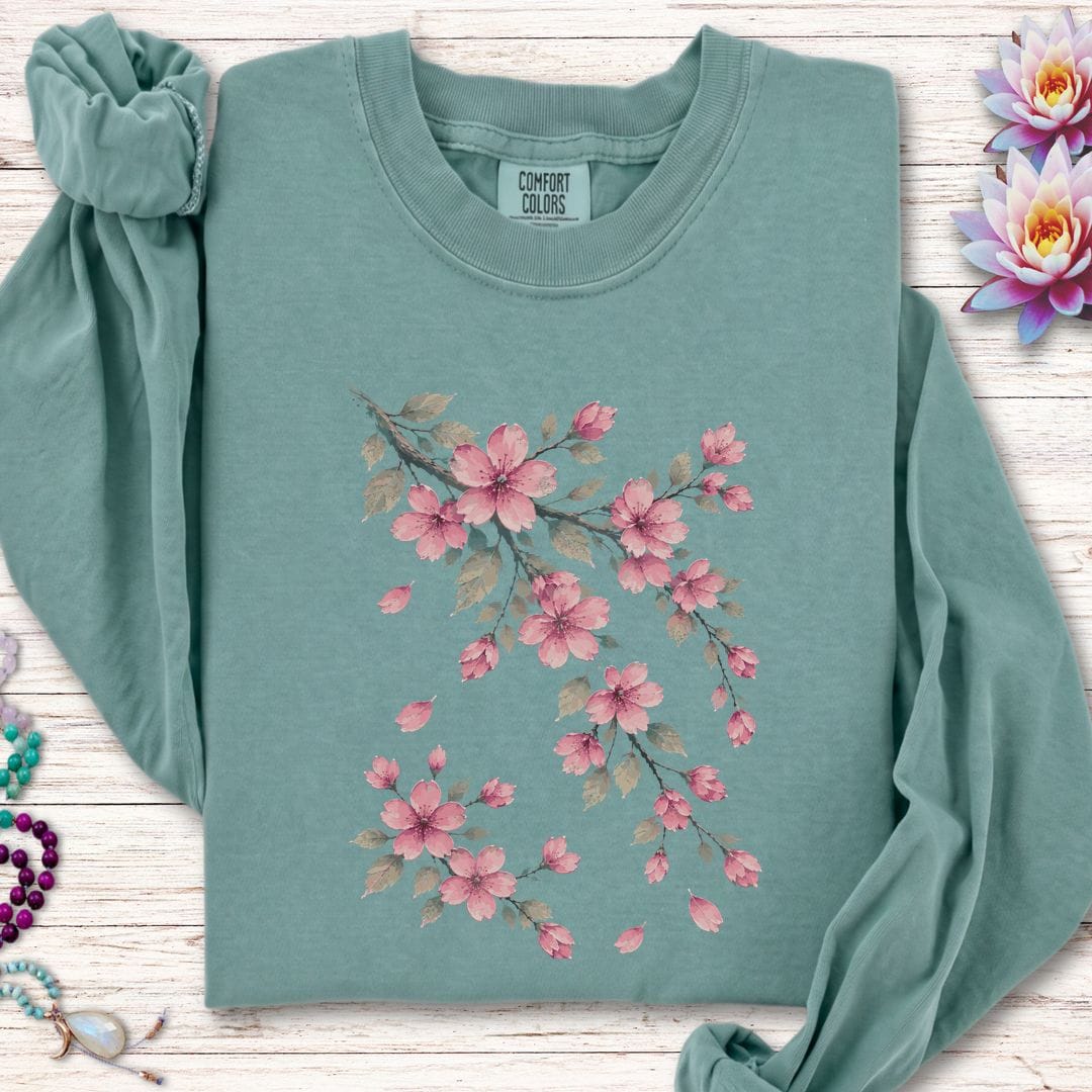 Printify Long-sleeve Vintage Cherry Blossoms Long Sleeve Tee Light Green / S