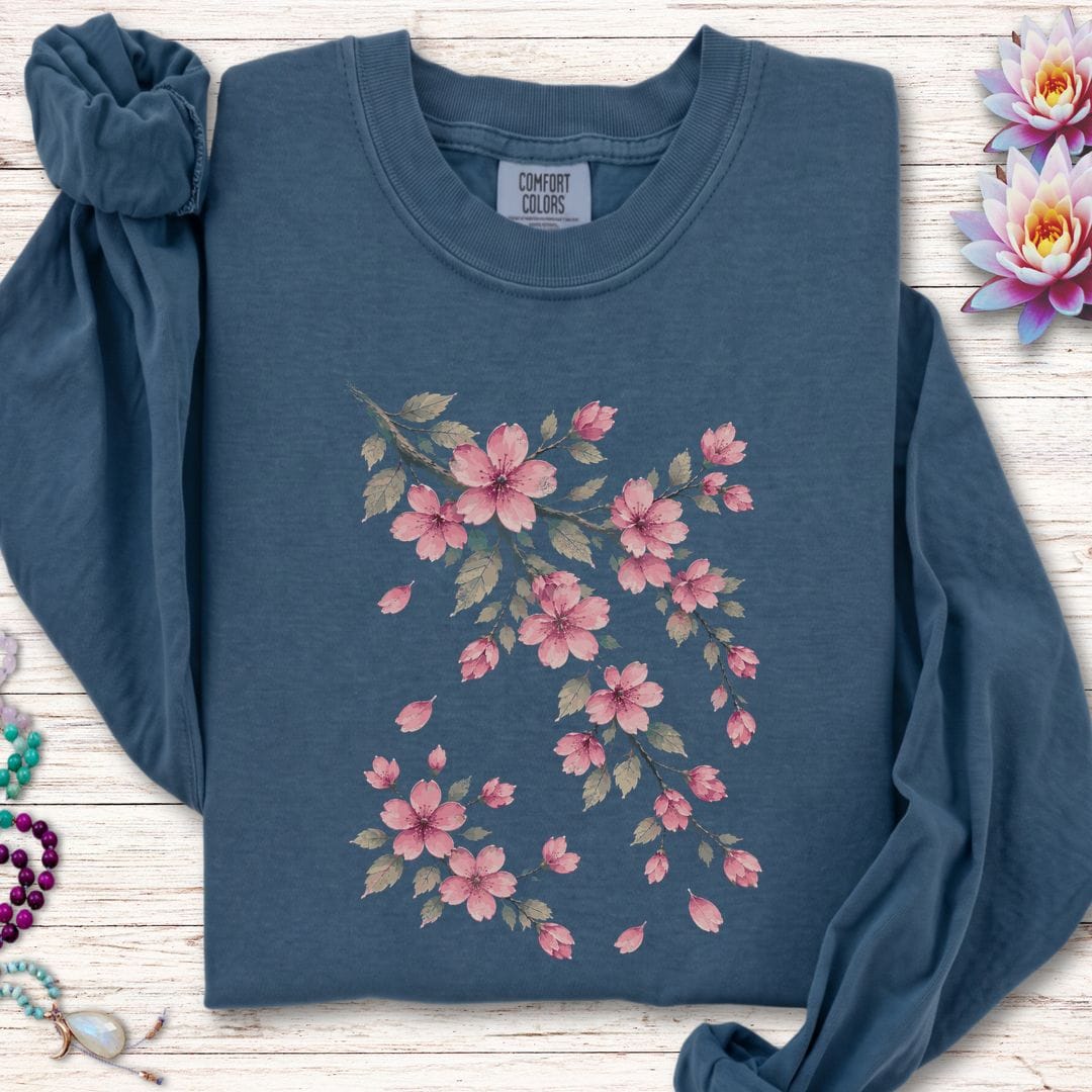 Printify Long-sleeve Vintage Cherry Blossoms Long Sleeve Tee Midnight / S