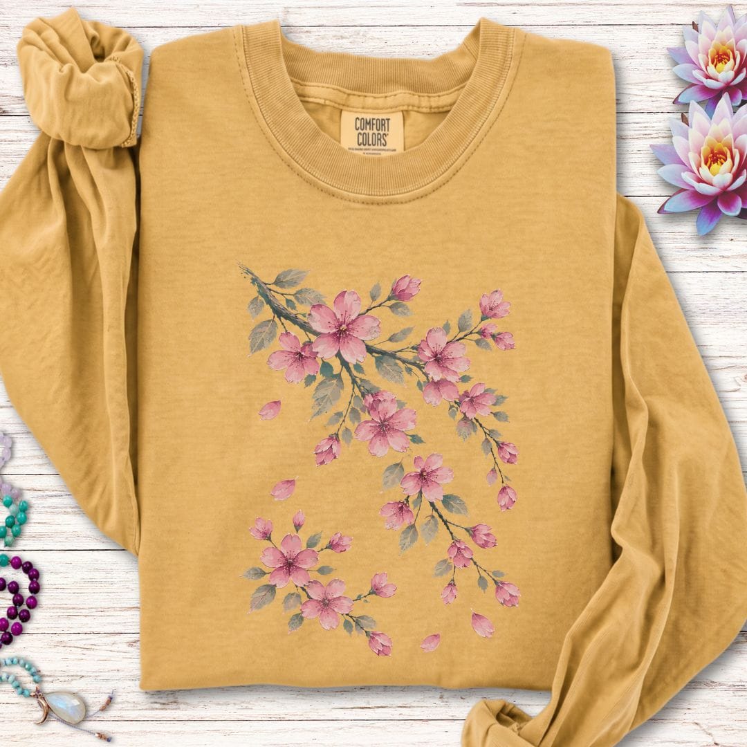 Printify Long-sleeve Vintage Cherry Blossoms Long Sleeve Tee Mustard / S