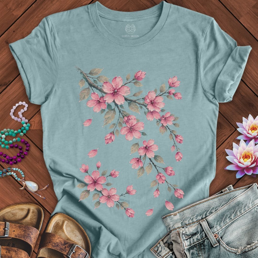Printify T-Shirt Vintage Cherry Blossoms Tee Heather Blue Lagoon / S