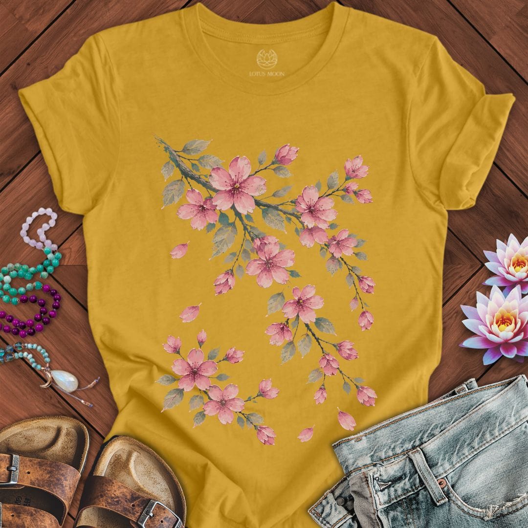 Printify T-Shirt Vintage Cherry Blossoms Tee Heather Mustard / S
