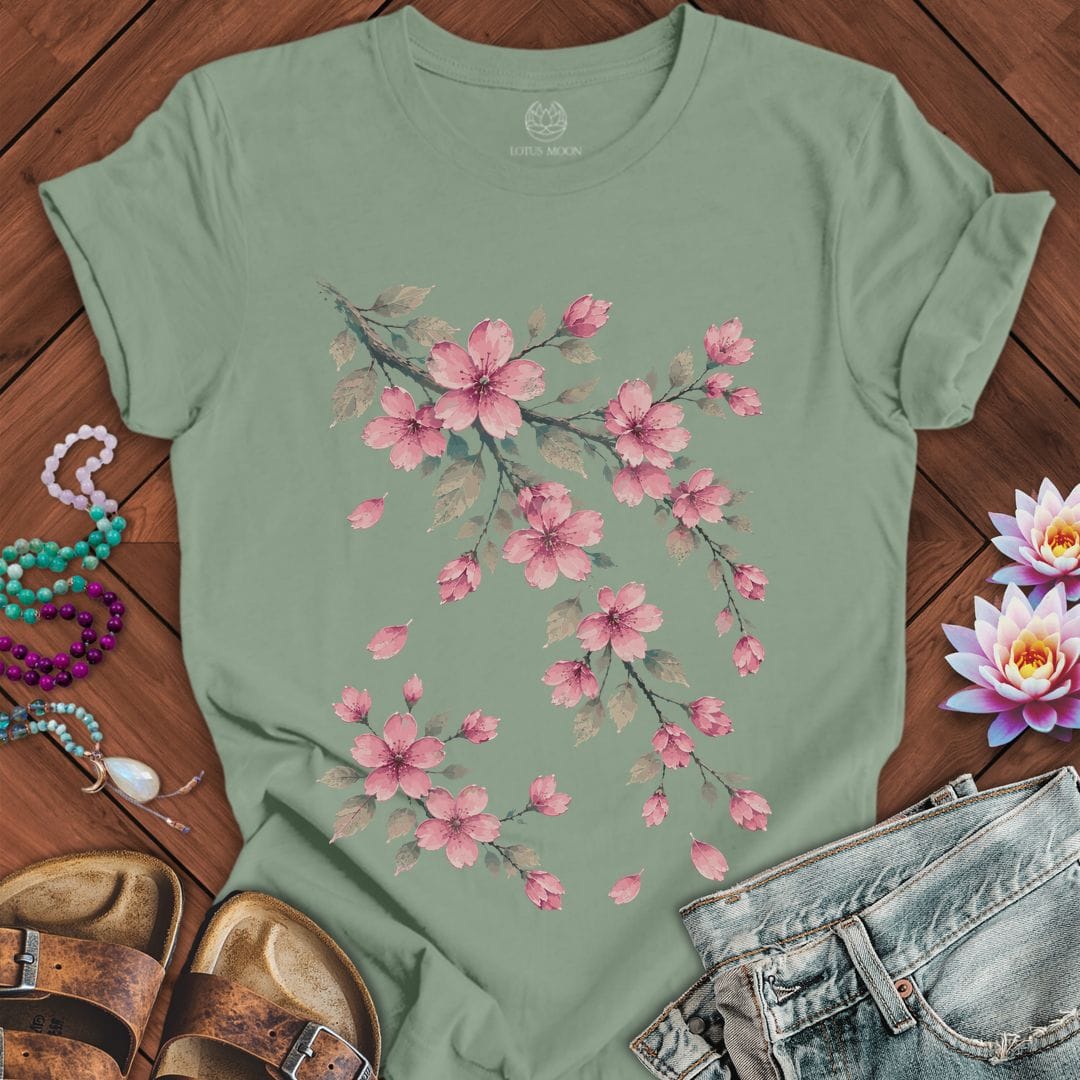 Printify T-Shirt Vintage Cherry Blossoms Tee Sage / S