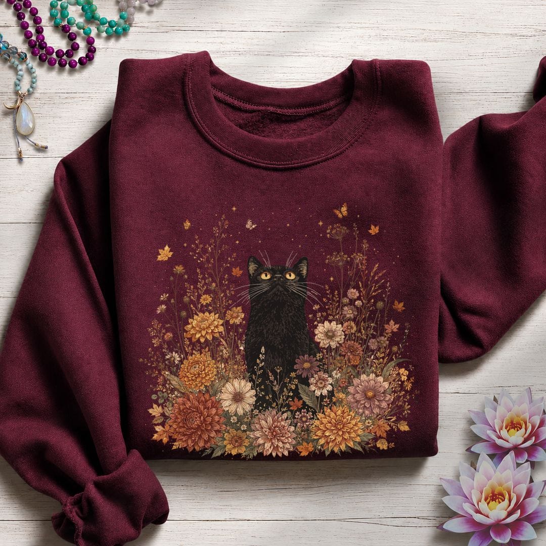 Vintage Floral Cat Sweatshirt Maroon