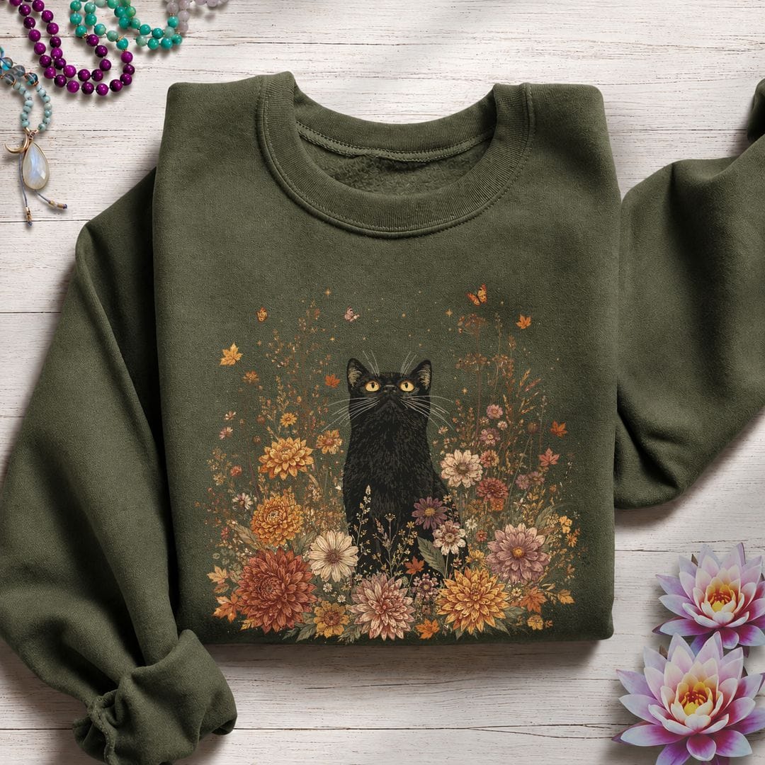Vintage Floral Cat Sweatshirt Military Green
