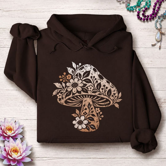 Vintage Floral Mushroom Hoodie Dark Chocolate