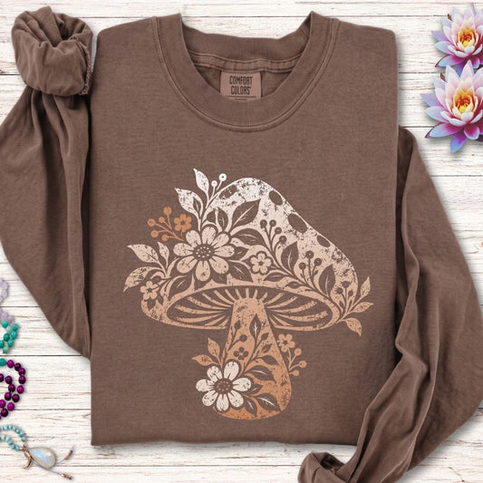 Vintage Floral Mushroom Long Sleeve Tee Espresso
