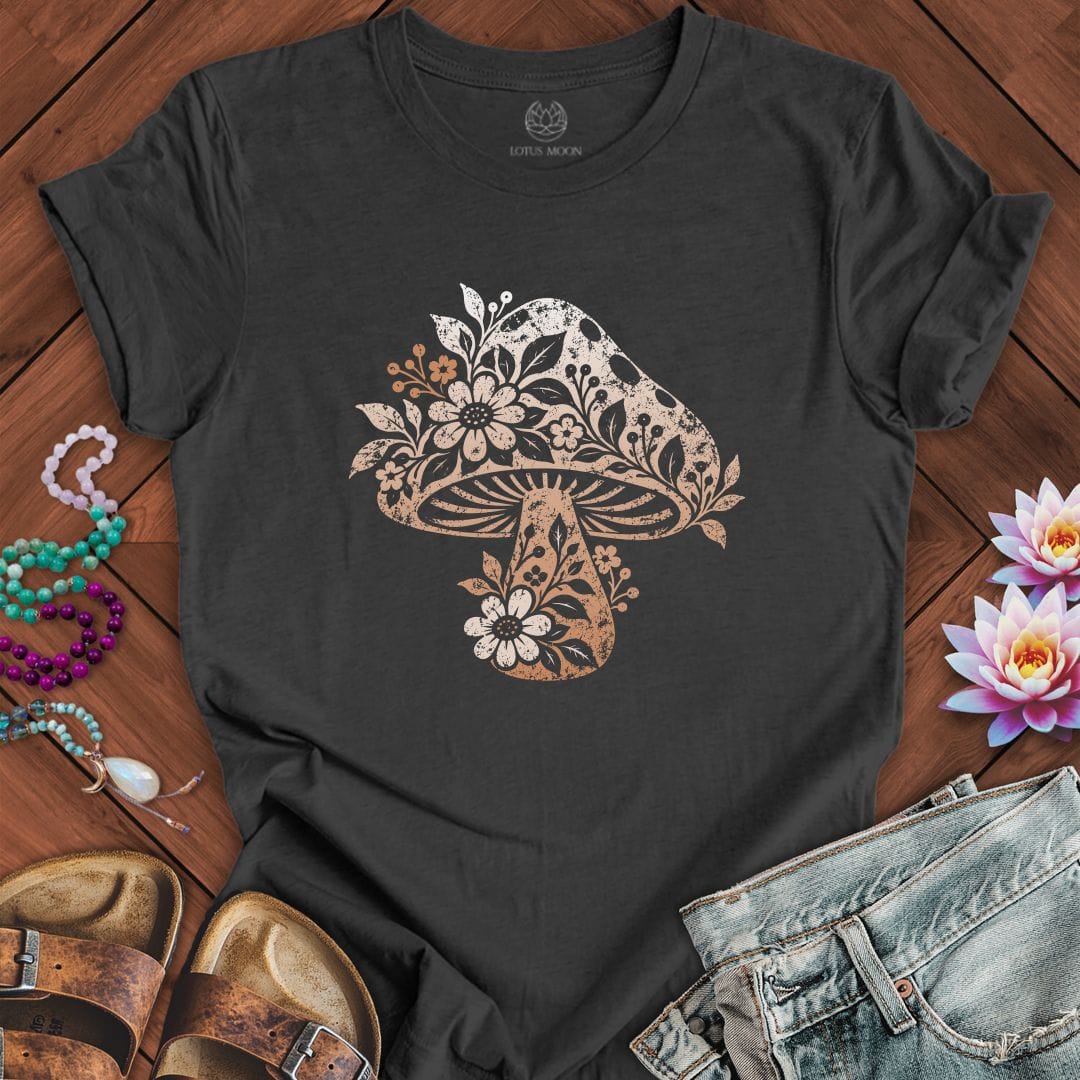 Printify T-Shirt Vintage Floral Mushroom Tee Dark Grey Heather / S