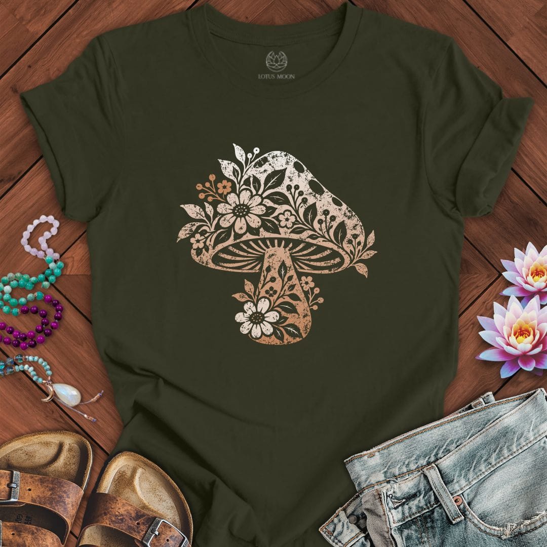 Printify T-Shirt Vintage Floral Mushroom Tee Dark Olive / S