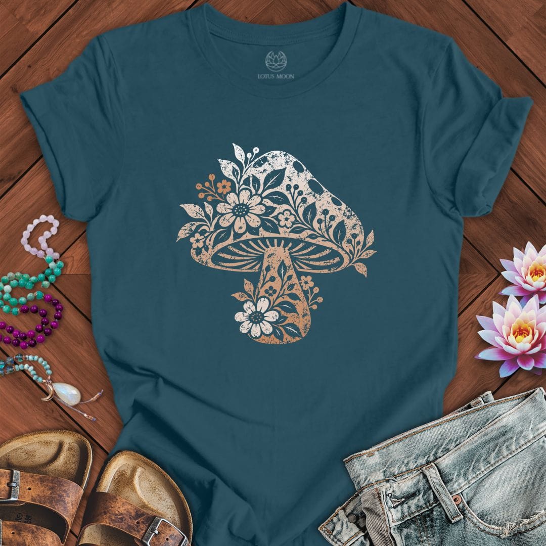 Printify T-Shirt Vintage Floral Mushroom Tee Deep Teal / S