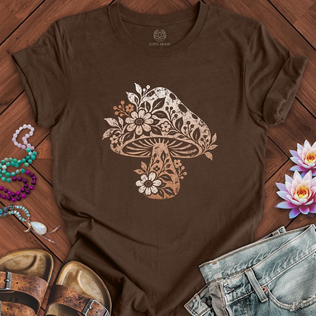 Printify T-Shirt Vintage Floral Mushroom Tee Heather Brown / S