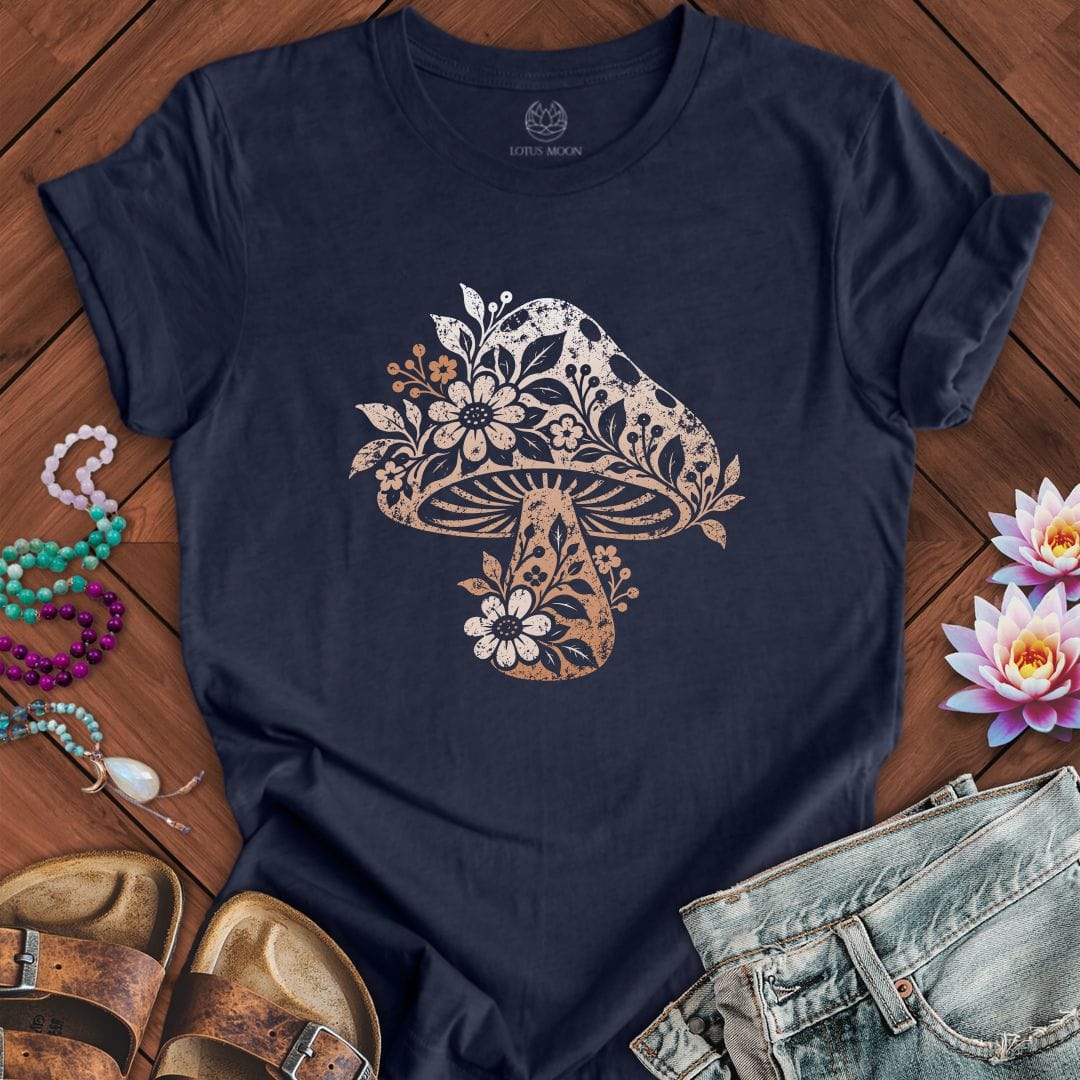 Printify T-Shirt Vintage Floral Mushroom Tee Heather Midnight Navy / S