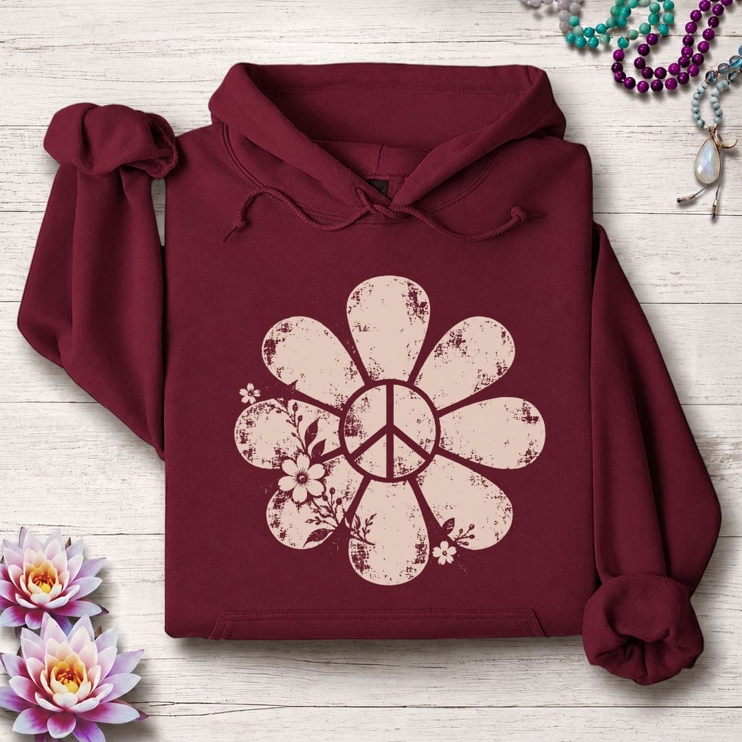 Printify Hoodie Vintage Peace Daisy Hoodie Maroon / S