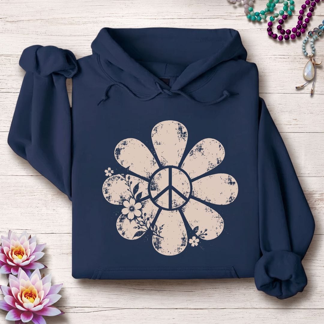 Printify Hoodie Vintage Peace Daisy Hoodie Navy / S