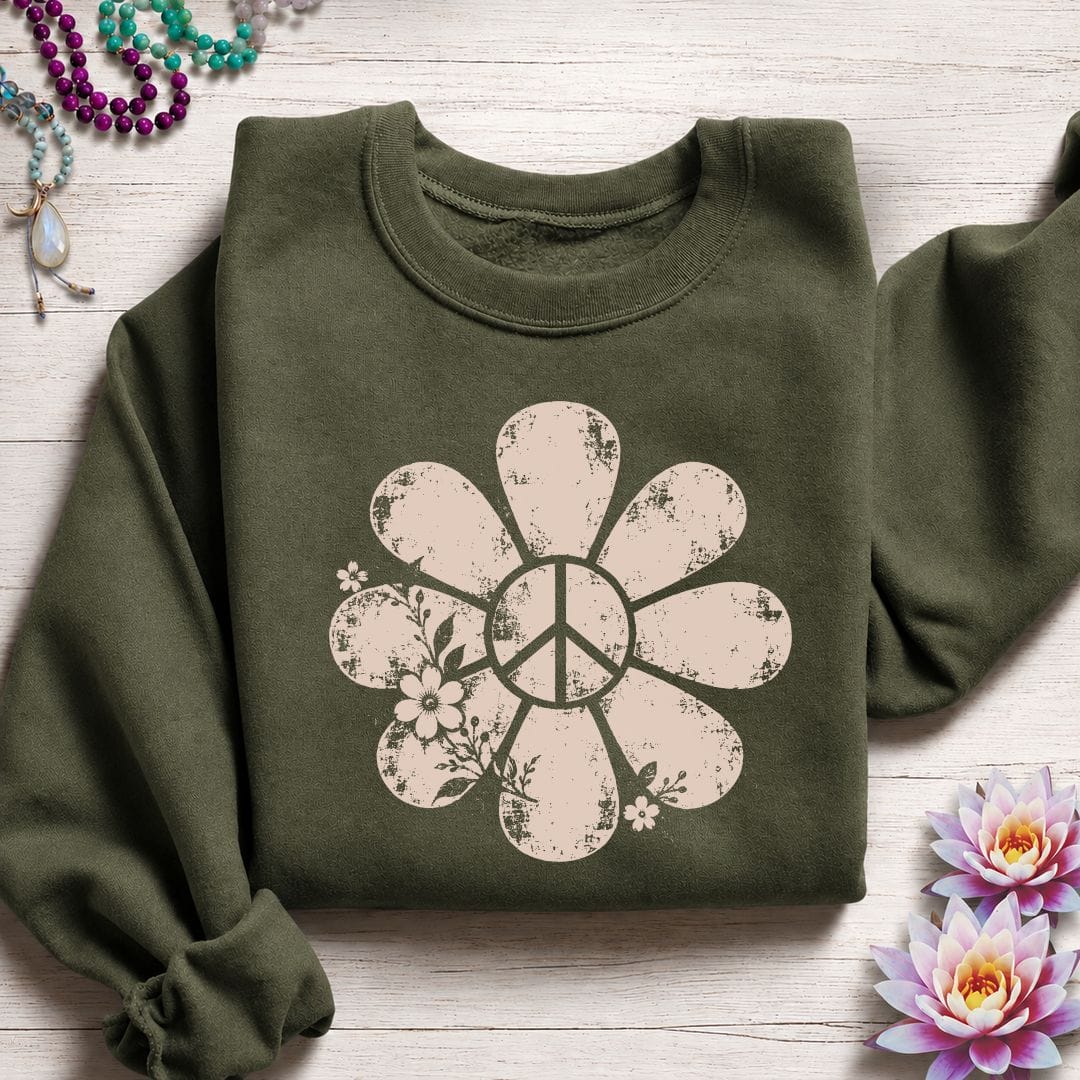 Printify Sweatshirt Vintage Peace Daisy Sweatshirt Military Green / S