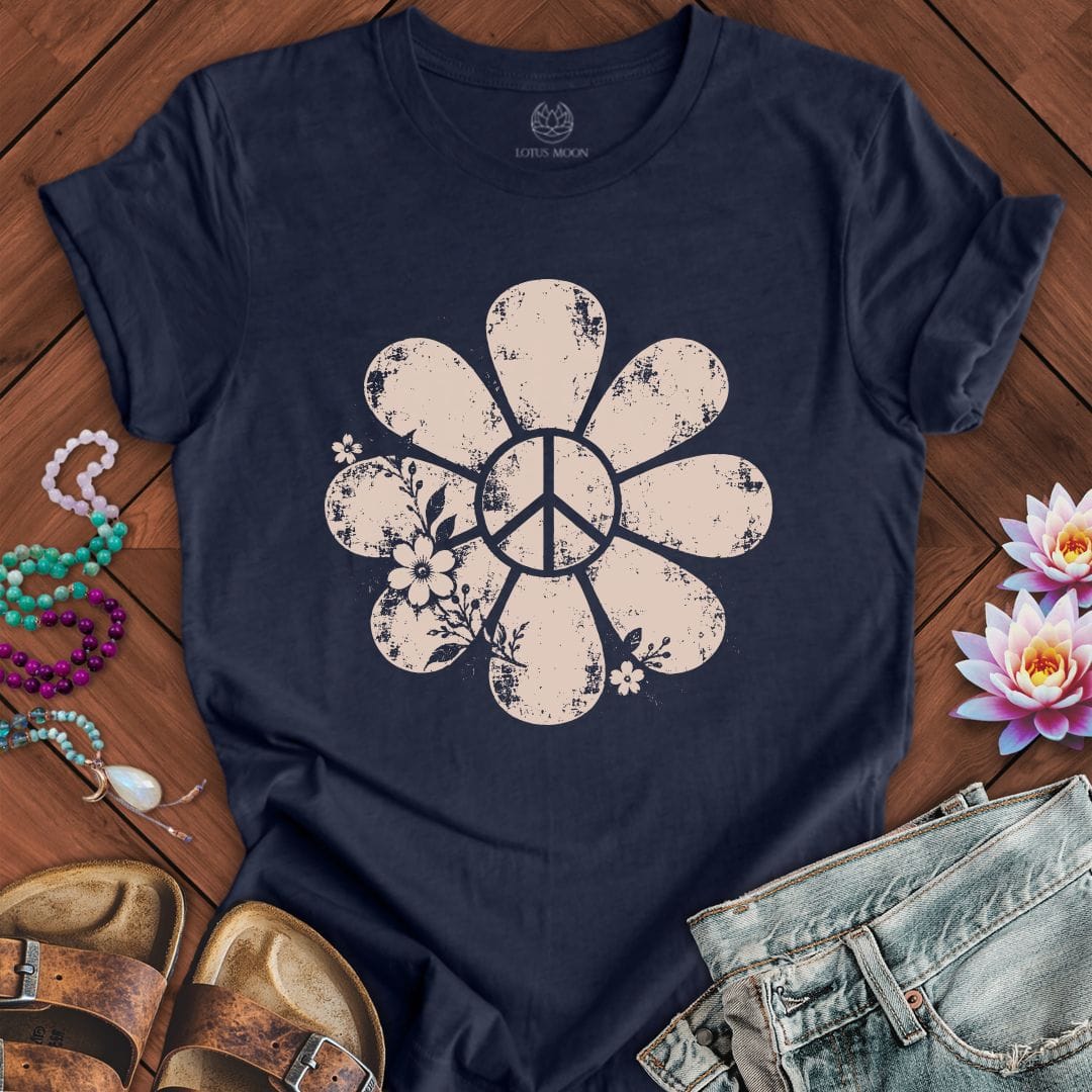 Printify T-Shirt Vintage Peace Daisy Tee Heather Midnight Navy / S