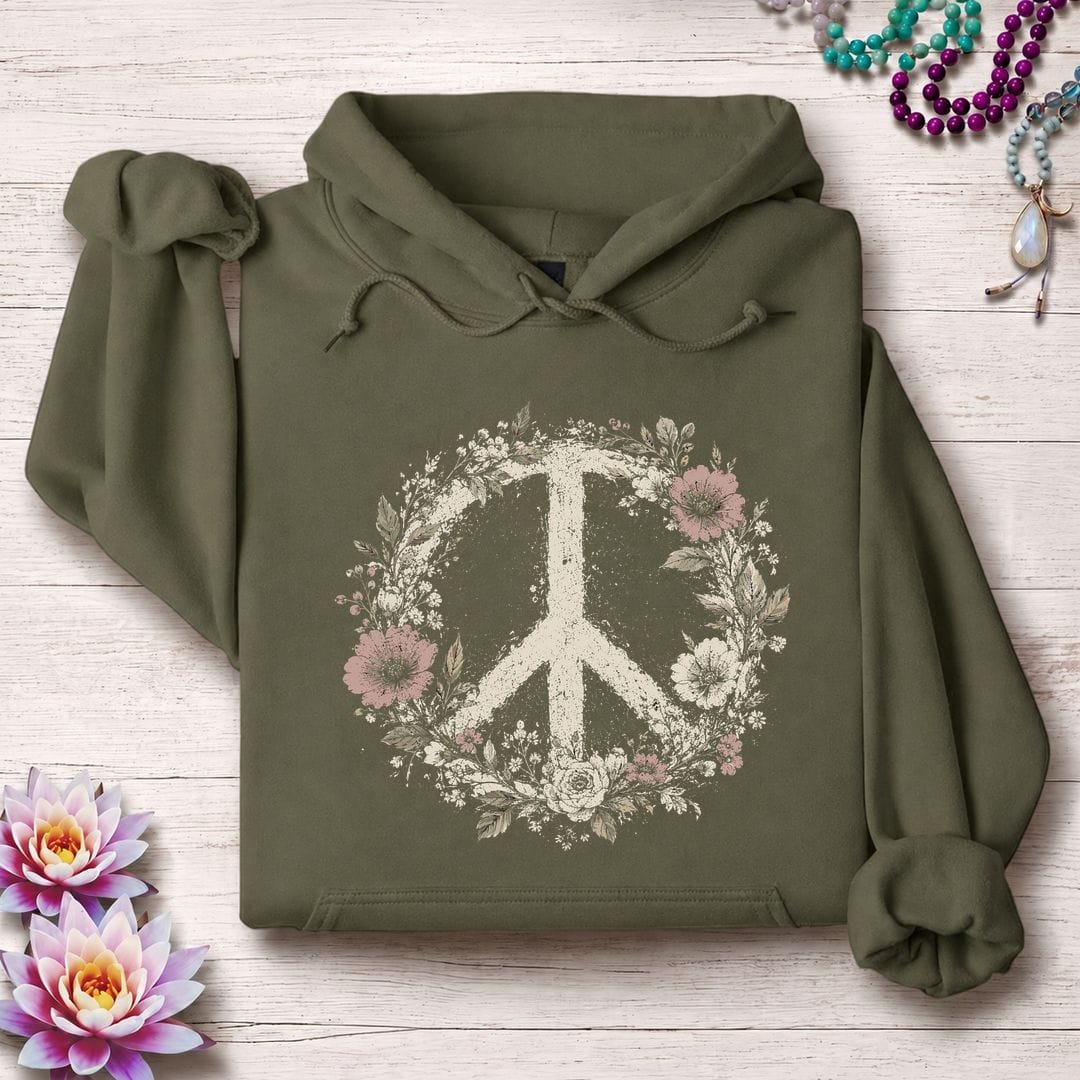 Printify Hoodie Vintage Peace Sign Hoodie Military Green / S