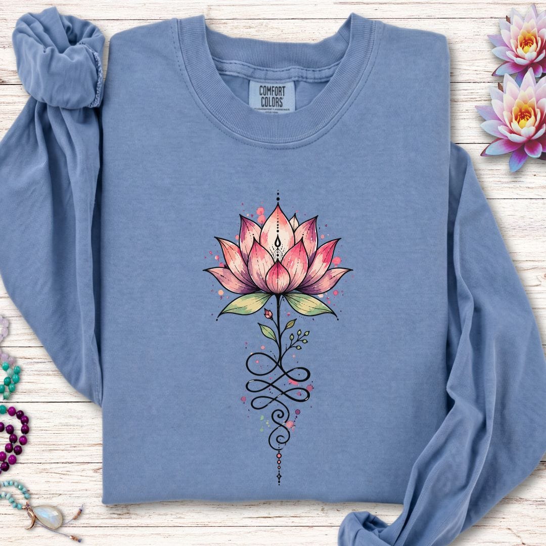 Printify Long-sleeve Watercolor Unalome Lotus Long Sleeve Tee Blue Jean / S
