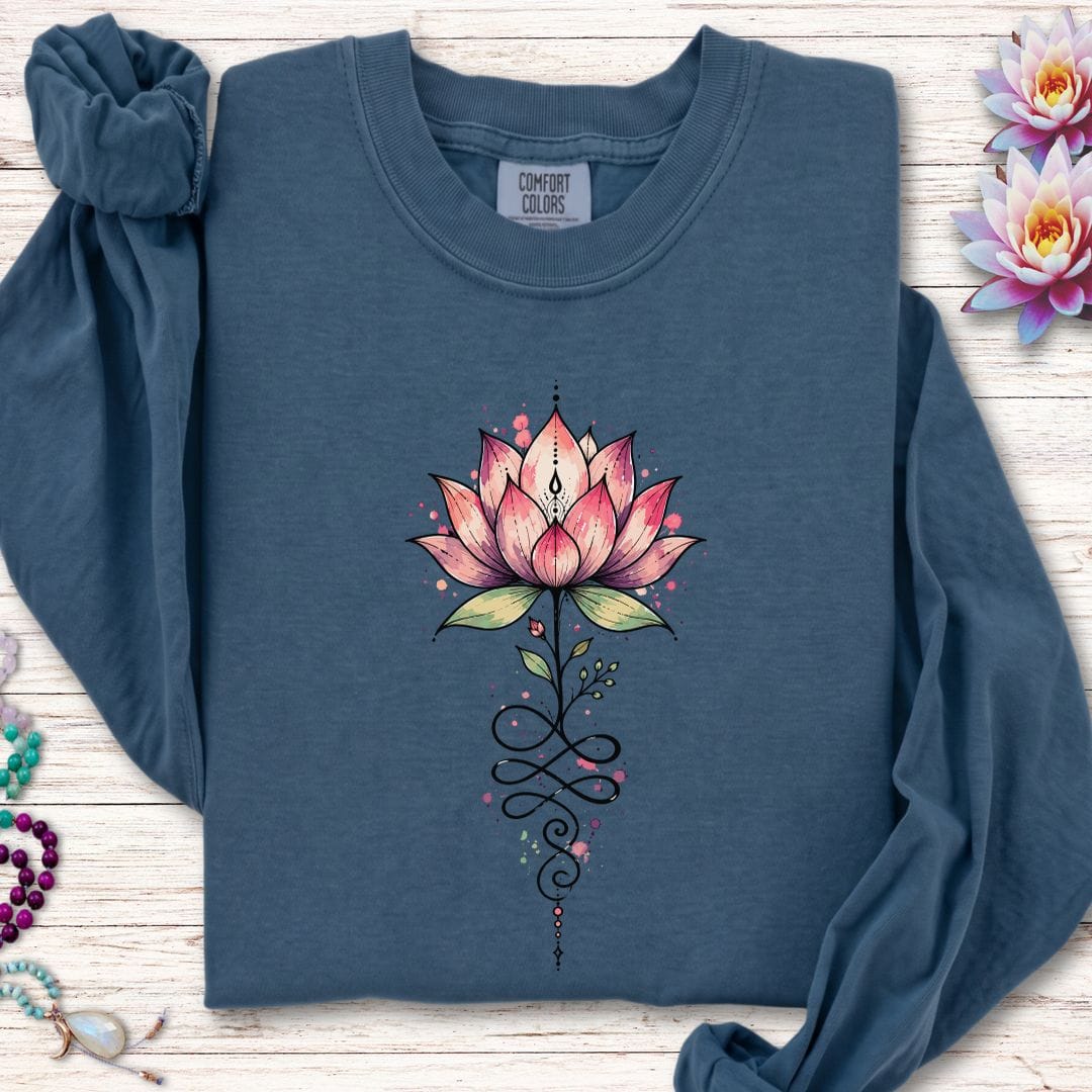 Printify Long-sleeve Watercolor Unalome Lotus Long Sleeve Tee Midnight / S