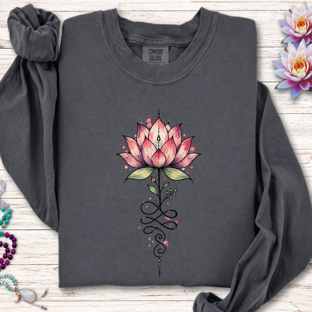 Printify Long-sleeve Watercolor Unalome Lotus Long Sleeve Tee Pepper / S