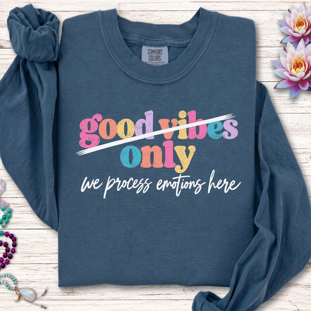 Printify Long-sleeve We Process Emotions Long Sleeve Tee Midnight / S