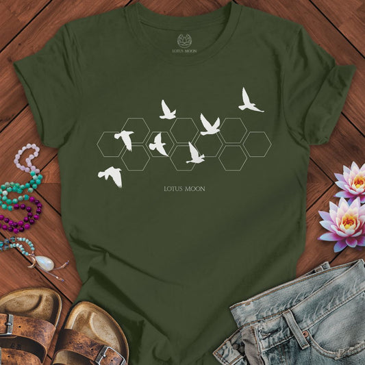 White Flying Birds Tee Military Green