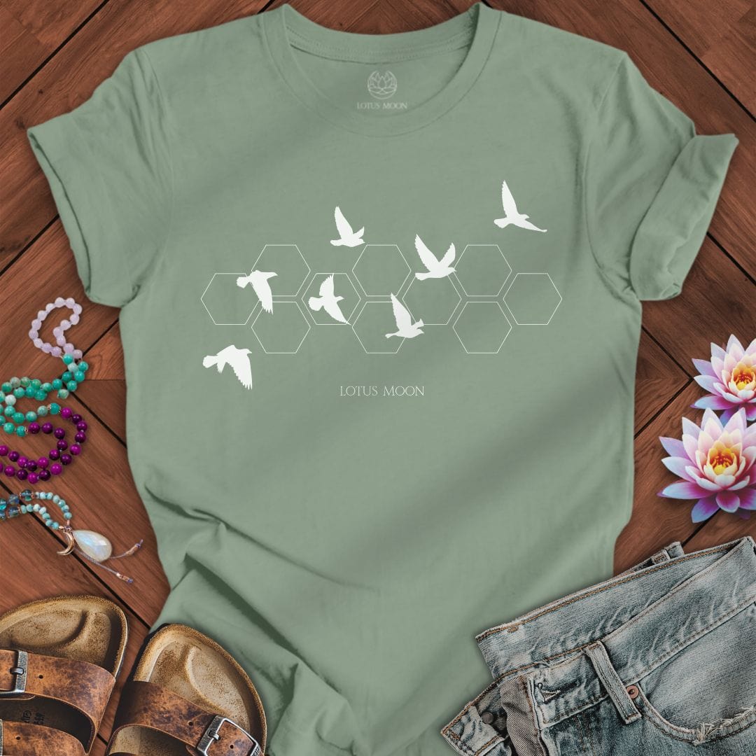 White Flying Birds Tee Sage