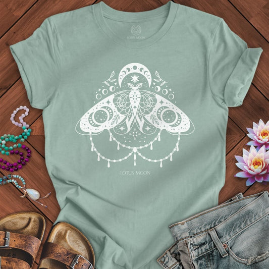 White Lunar Moth Tee Dusty Blue