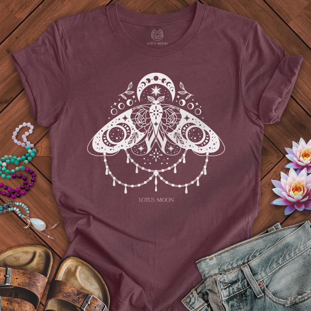 White Lunar Moth Tee Heather Maroon