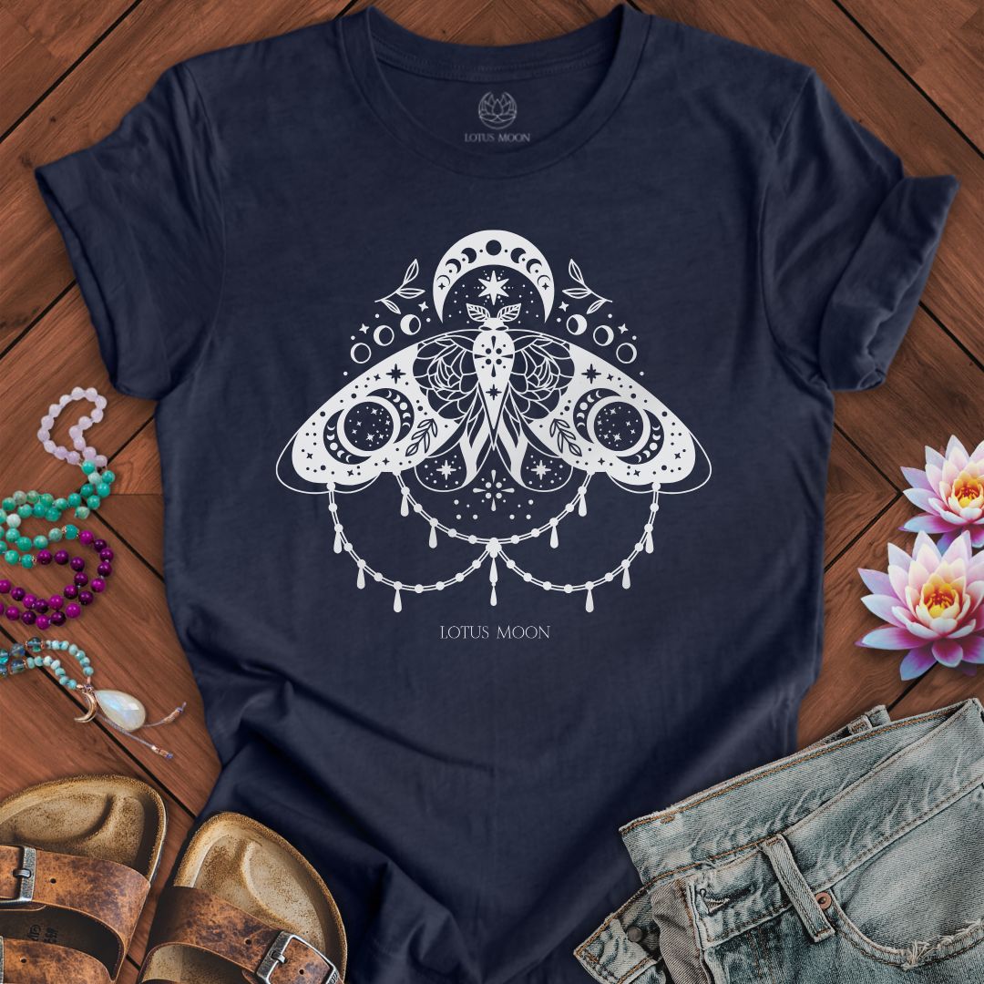 White Lunar Moth Tee Heather Midnight Navy