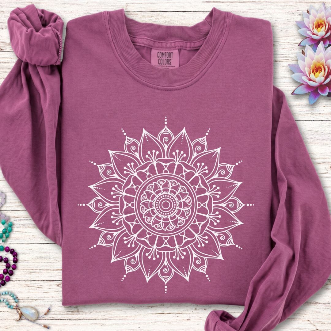 Printify Long-sleeve White Mandala Long Sleeve Tee Berry / S