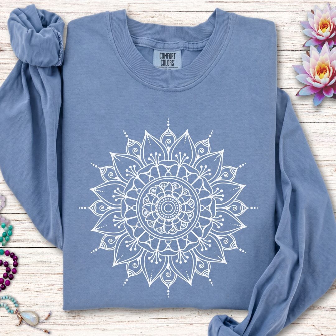 Printify Long-sleeve White Mandala Long Sleeve Tee Blue Jean / S