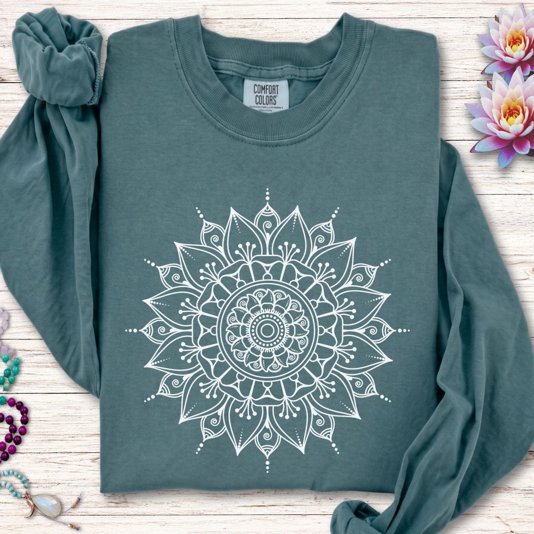 Printify Long-sleeve White Mandala Long Sleeve Tee Blue Spruce / S
