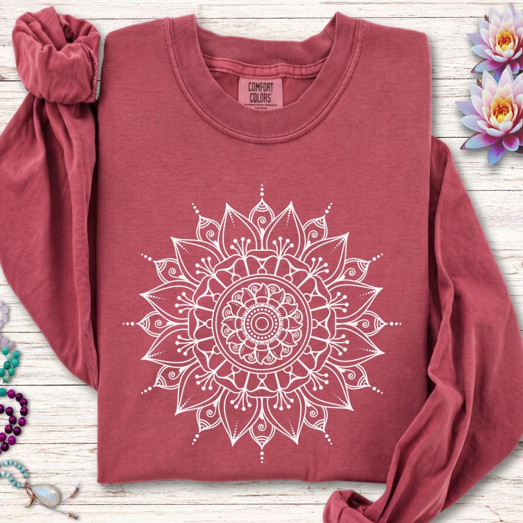 Printify Long-sleeve White Mandala Long Sleeve Tee Crimson / S