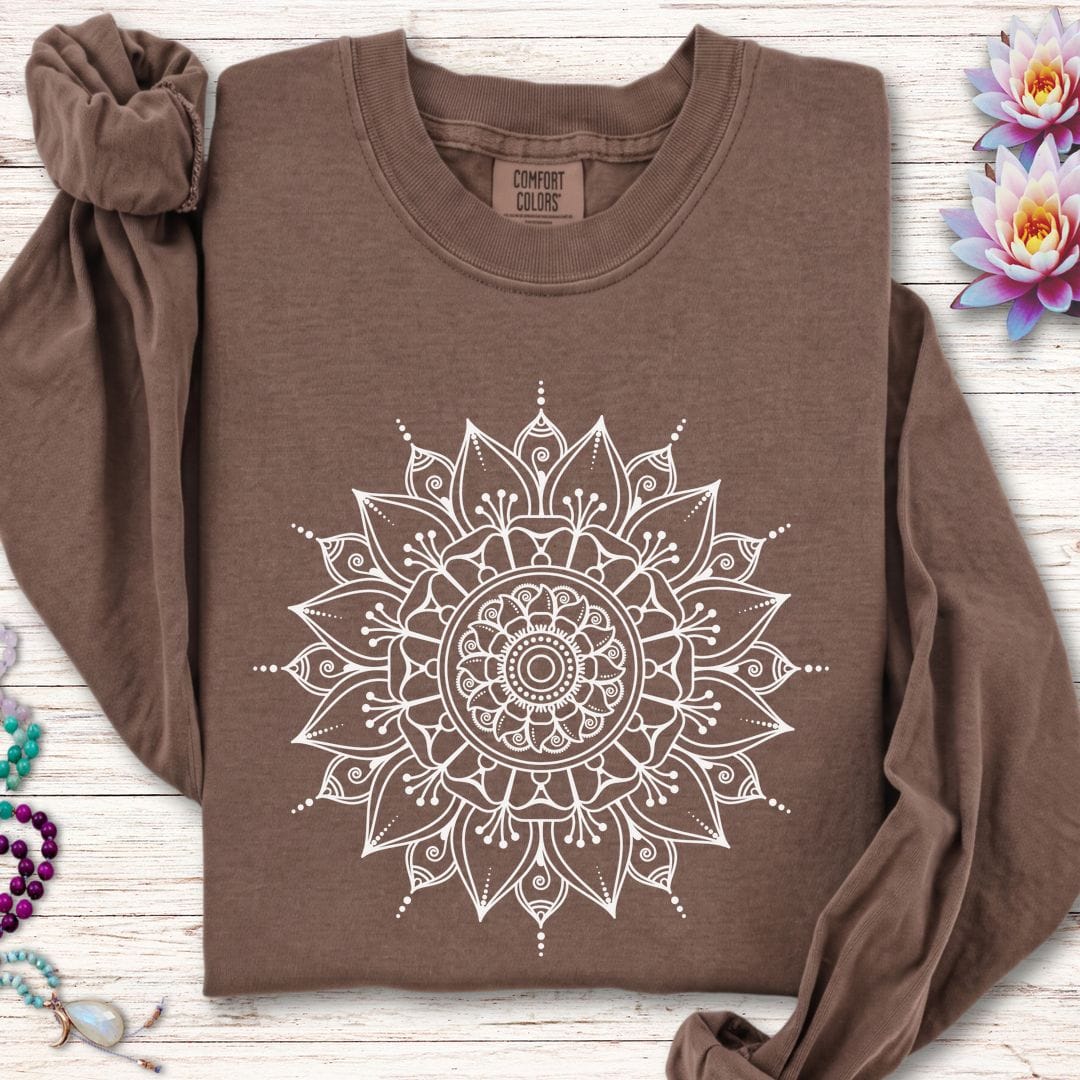 Printify Long-sleeve White Mandala Long Sleeve Tee Espresso / S