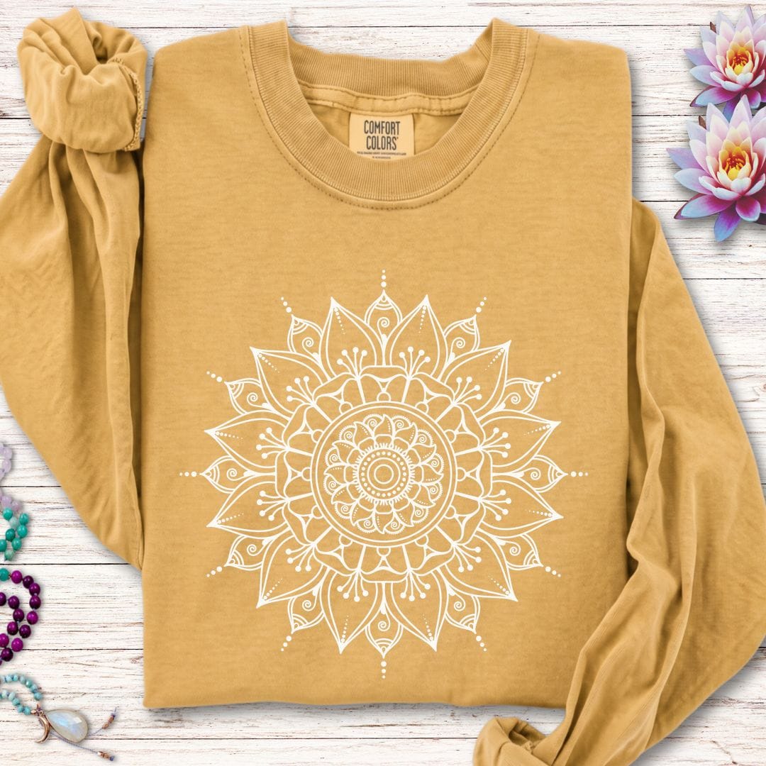 Printify Long-sleeve White Mandala Long Sleeve Tee Mustard / S
